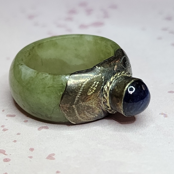 Burmese Jade, Sapphire, and Sterling Ring - Picture 4 of 5